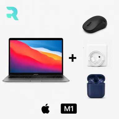 Refurbished Apple MacBook Air 13\" (2020) M1 8GB/128GB Space Gray Good Condition with Generic Wireless Mouse + USA Essentials True Wireless Earbuds + Charger