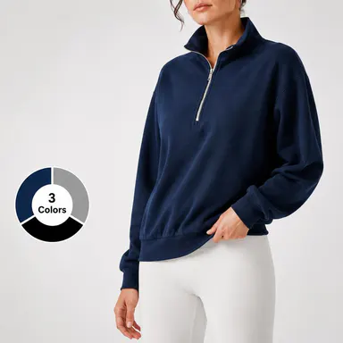 Female Quarter-Zip Comfy Sweatshirt - Long Sleeve Stand Collar Oversized Athletic Apparel Top for Yoga, Workout Gym Activewear & Everyday Wear