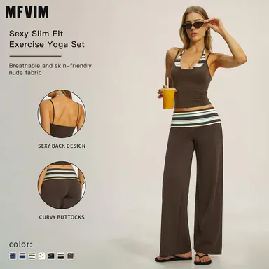MFVIM women’s soft, buttery halter striped color‑block camisole + wide‑leg pants two‑piece set, premium skin‑friendly second‑skin fabric, back‑flattering yoga activewear set