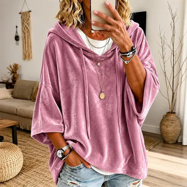 Women’s Minimalist Velour Hoodie Top - Loose Oversize Fit, 3/4 Sleeves, Adjustable Hood, Straight Hem, Soft Lightweight Fabric, Solid Color, Casual Pullover for Fall Winter Lounge & Streetwear (Tank Tops Style Variation Option),sohochic