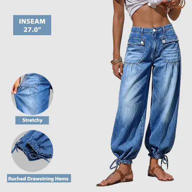 Flamingals Flap Pocket Ruched Drawstring Mid Waist Crop Balloon Jeans Womenswear Stretchy 27\" Inseam
