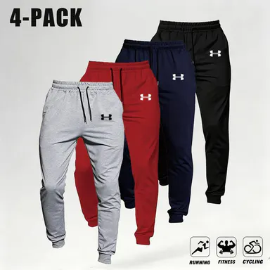 Men’s 4-Pack Casual Loose Joggers — Comfortable Fitness Long Pants with Pockets, Retro Street Style Sportswear, Soft Knit Stretch Fabric, Autumn Workout Base Layer, Barbell Print, Everyday Men’s Sweatpants