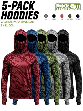 Men's 5-Pack UPF50 Sun Protection Hooded Long-Sleeve Shirts - Loose-Fit, Quick-Dry, Stretch Athletic Shirts with Built-In Face Mask & Thumb Holes for Fishing, Construction Work, Outdoor Sports