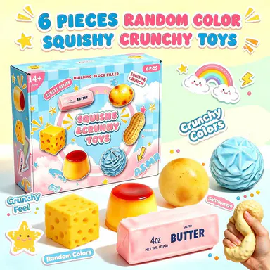 6-Piece Soft Safe Squishies Crunchy Squishies Stress Relief Fidget Toys, ASMR Squeeze Sensory Balls, Tactile Fidgets, Sensory Room Supplies, Food Shapes Designs, Novelty Holiday Gifts