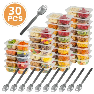 30 pcs Reusable Snack Containers with Lids Double Compartment Snack Containers Camping Snack Tray for Office, Travel, Gym