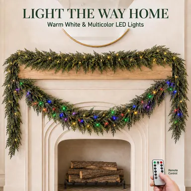 2-Pack Pre-Lit Artificial Cedar Leaf Hanging Garland, Soft Realistic Foliage, Warm White & Multicolor LED Lights, 8 Lighting Modes, Remote Control & Timer, Battery-Operated Christmas Aesthetic Festival Decoration for Mantel, Stair Railing