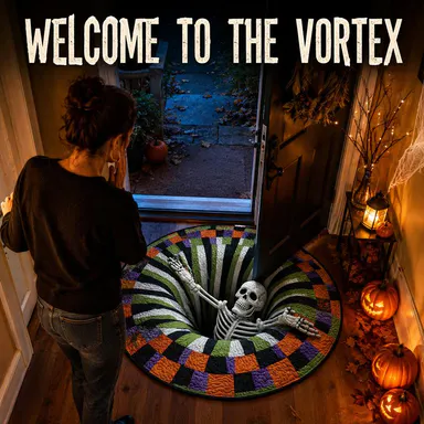 Halloween 3D Skeleton Vortex Quilted Illusion Round Rug (A1:16\" Size) - Polyester Soft Non-Slip Fabric, Spooky Theme Depth Pattern, Indoor Use Living Areas Decor