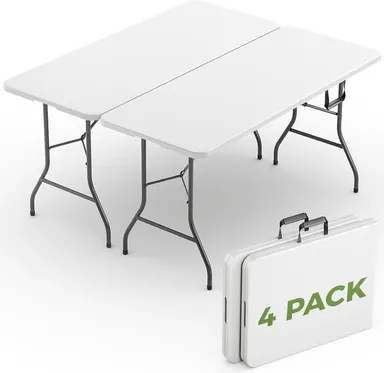 6FT Folding Table 2/4 Pack,Heavy Duty Plastic Foldable Tables with Carry Handles,Fold-in-Half Portable Utility Tables with Steel Legs for Party,Wedding,Banquet, Camping,Picnic,Event,Indoor Outdoor,White