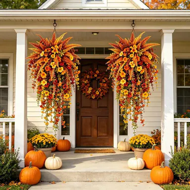 UV-resistant artificial Boston fern plant, realistic large outdoor hanging autumn faux plant, lifelike autumn fern for fall porch decor, front door garden, patio, home holiday decoration