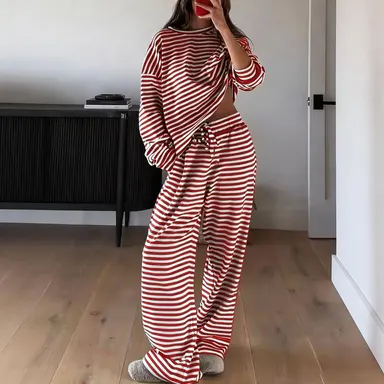 Women’s 2-piece autumn all-season pajama set – stylish casual striped long-sleeve top and pants, suitable for wearing at home or out