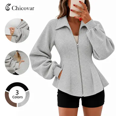 Chicovar Lady's Fitted Zip-Up Jacket - Ruched Sleeves, Side Pockets, Peplum Hem, Stretchy Basic Cardigan, Casual Outerwears Coats for Casual Wear, Office