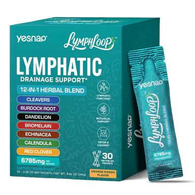 Yesnap Lymphatic Drainage Support Liquid Supplement, 12-in-1 Herbal Blend with Cleavers, Burdock Root and Dandelion, Ready-to-Take Orange Mango Liquid Stick Packs, 30 Count