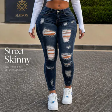 Women’s High Waisted Distressed Skinny Jeans, Dark Wash Ripped Denim Pants, Curve Hugging Slim Fit Jeans with Pockets, Y2K Streetwear Casual Back to School Travel Weekend Night Out Everyday Fashion Denim Trousers for Women,sohochic