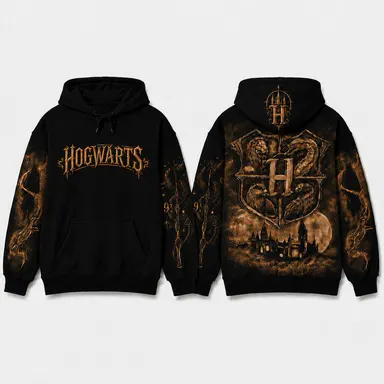 Harry Potter Hogwarts Graphic Pullover Hoodie, Unisex Black Sweatshirt with Front & Back Crest Print, Sleeve Graphics, Long Sleeve Fan Streetwear