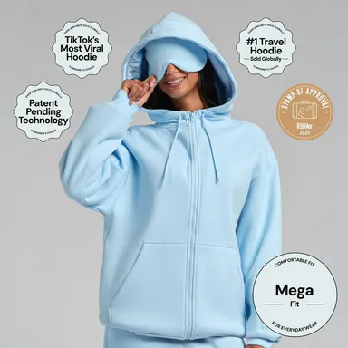 Comfrt | VIP Airplane Mode Travel Zip Hoodie - Mega | CloudTouch Fleece Zip-Up With Silk-Lined Hood & Eye Mask