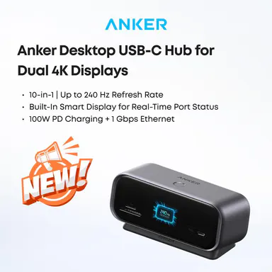 Anker Desktop USB-C Hub (10-in-1, 240 Hz); Industry-Leading High-Refresh-Rate USB-C Hub with a Smart Display