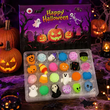 Unisex Halloween Squishy Box Set, 24-Piece Advent Calendar Countdown Set with Cute Ghost & Pumpkin Designs, Indoor Recreation Party Favors & Classroom Prizes