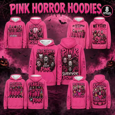 Pink Horror October Hoodie, In October We Wear Pink Scary Movie Character Pumpkin Bat Graphic Pullover Hoodie For Halloween#PinkOctober#HorrorHoodie