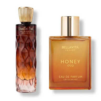 Bellavita Luxury Golden Indulgence | Vanilla Oud & Honey Oud Eau De Parfum Duo | 2x100ml (6.8 FL OZ) | Sweet Honey, Creamy Vanilla & Rich Oud Notes | Luxury Fragrance Pair