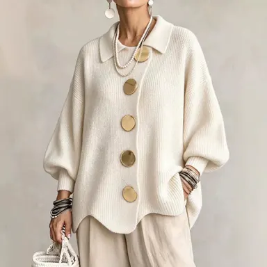 Women French Lapel Knit Cardigan, Loose Solid Color Sweater Coat with Big Metal Buttons, Irregular Hem Lantern Long Sleeve Casual Top for Spring Fall